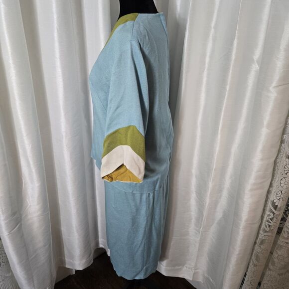 True Vintage 60s Skirt Suit Julie Miller Blouse Skirt Set 15/16 Womens Blue Gree - Picture 15 of 16